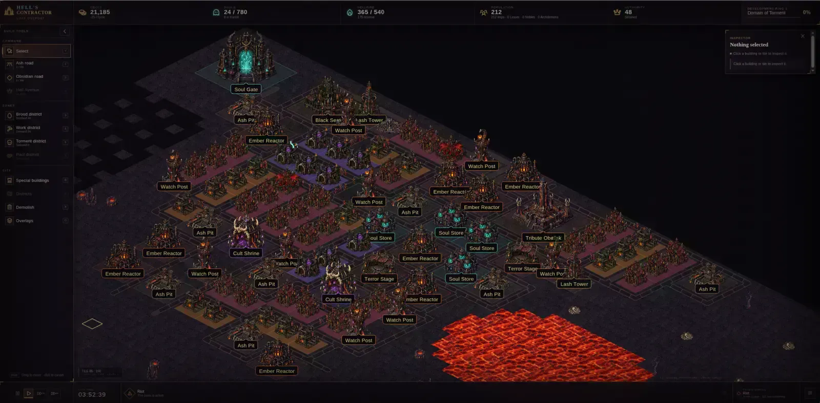 Hell's Contractor prototype showing a large infernal city with districts, roads, utilities, and residents