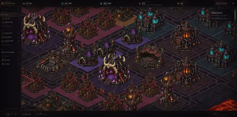 Close-up of a Hell's Contractor city with districts, service buildings, roads, and residents