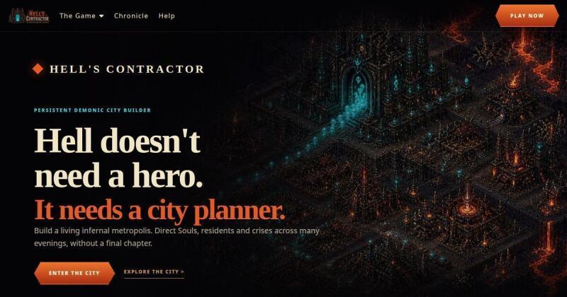Hell's Contractor website launch artwork with the infernal city and product logo