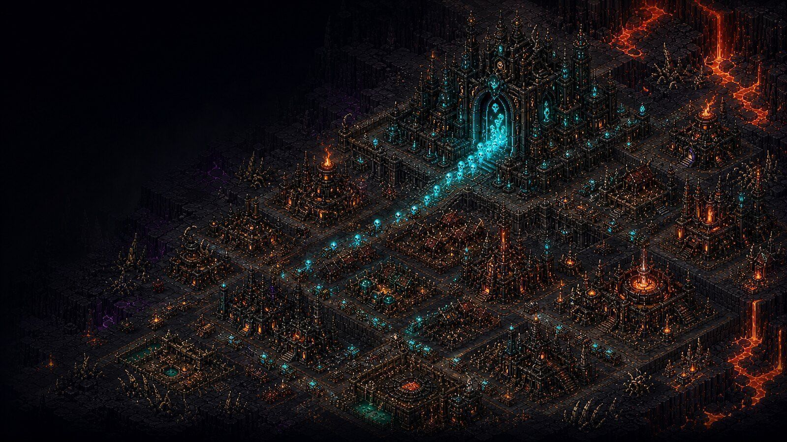 Sprawling infernal city around a glowing Soul Gate in Hell's Contractor