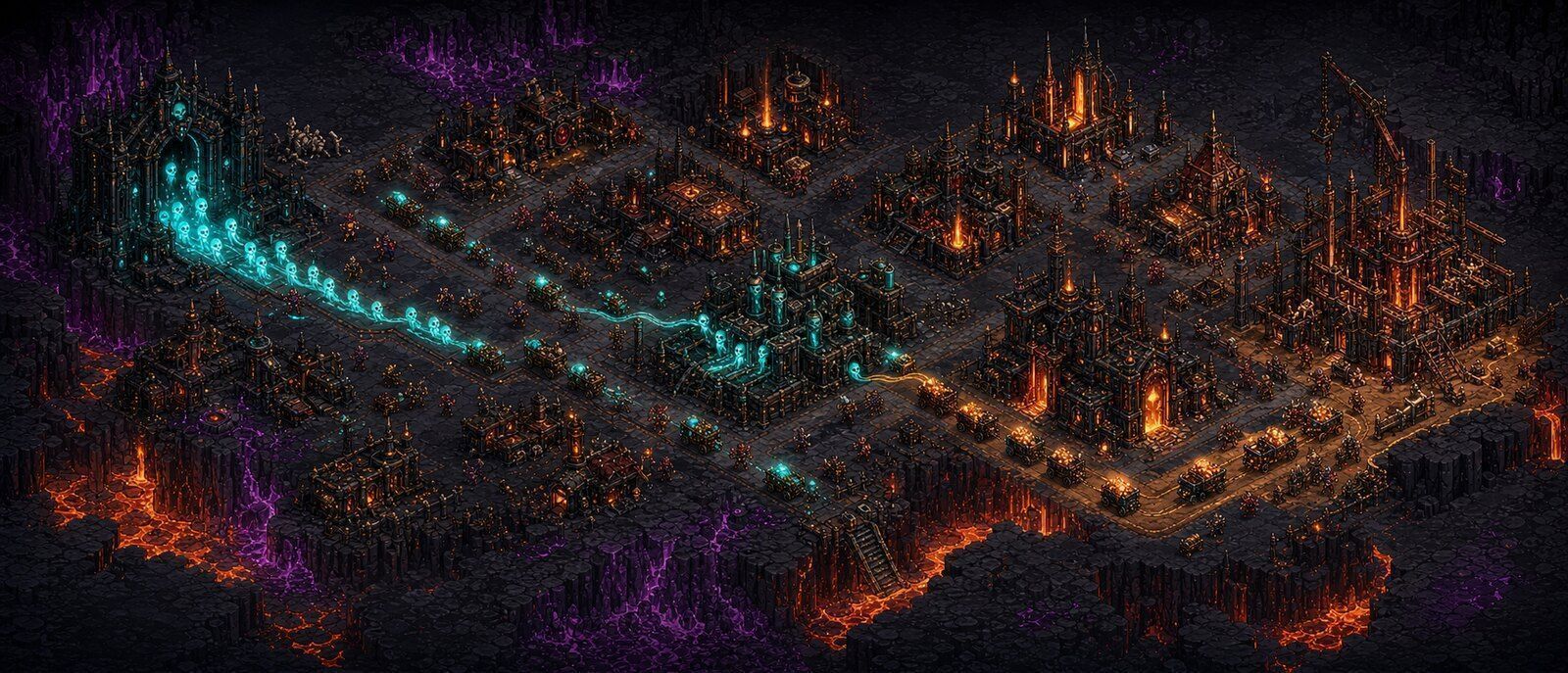 Glowing Souls moving along roads through a growing infernal city