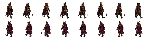 Pixel-art walk-cycle sprites for a Hell Noble resident